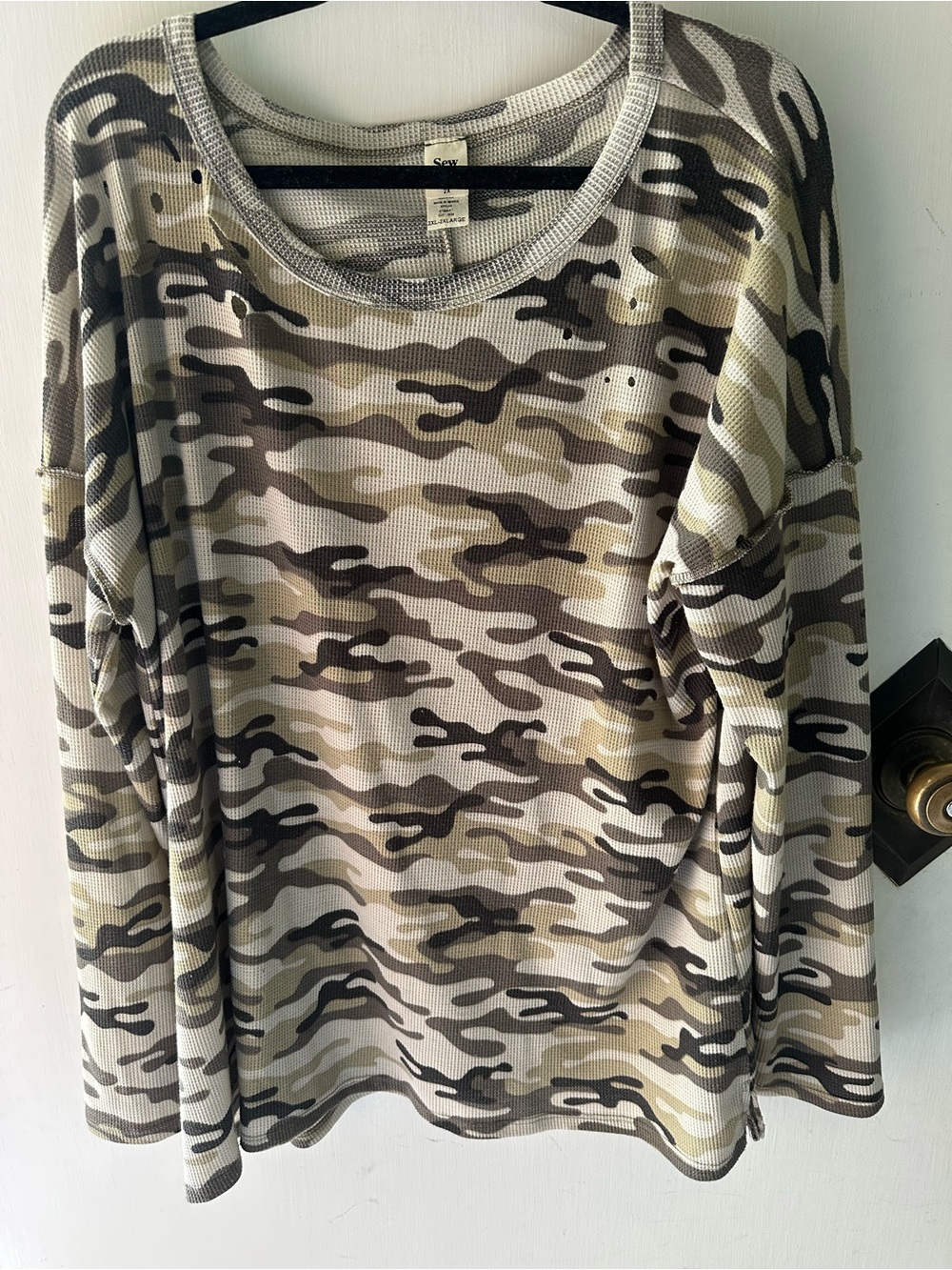 Sew In Love Camouflage DistressedWaffle Knit Long Sleeve Top - Olive Taupe Black